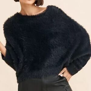 Free People One Crilla Faux Fur Fuzzy Cropped Slouchy Sweater - Black XS
